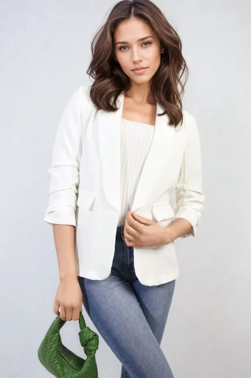 White Valerie Ruched Sleeve Open Front Blazer Jacket with Front Pockets<IKRUSH Hot