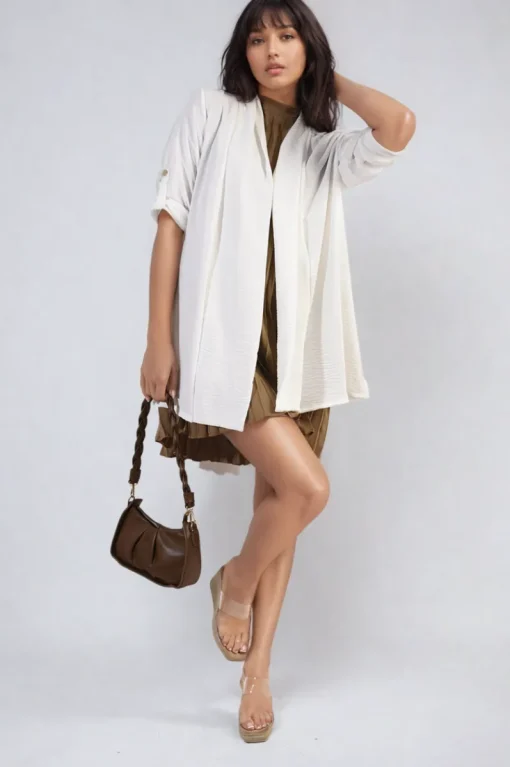 White Vivian Open Front Roll Up Sleeve Cardigan<IKRUSH Online