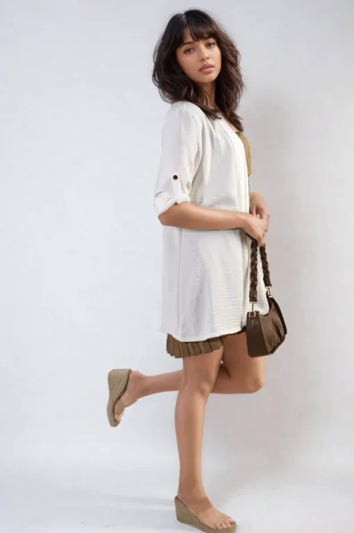White Vivian Open Front Roll Up Sleeve Cardigan<IKRUSH Online