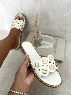 White Vivian Studded Strap Flat Sandals<IKRUSH New