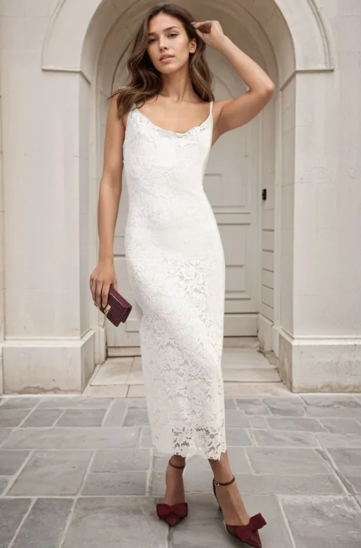White Viviana Strappy Floral Lace Midi Dress<IKRUSH Outlet