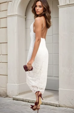 White Viviana Strappy Floral Lace Midi Dress<IKRUSH Outlet