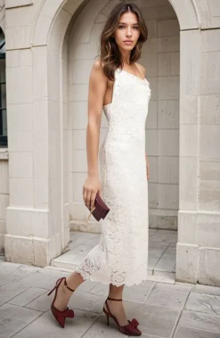 White Viviana Strappy Floral Lace Midi Dress<IKRUSH Outlet