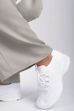 White Ziva Knit Sock Lace-Up Lightweight Trainers<IKRUSH Fashion
