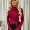 Wine Catalina Ruched High Neck Flare Long Sleeve Top<IKRUSH Best
