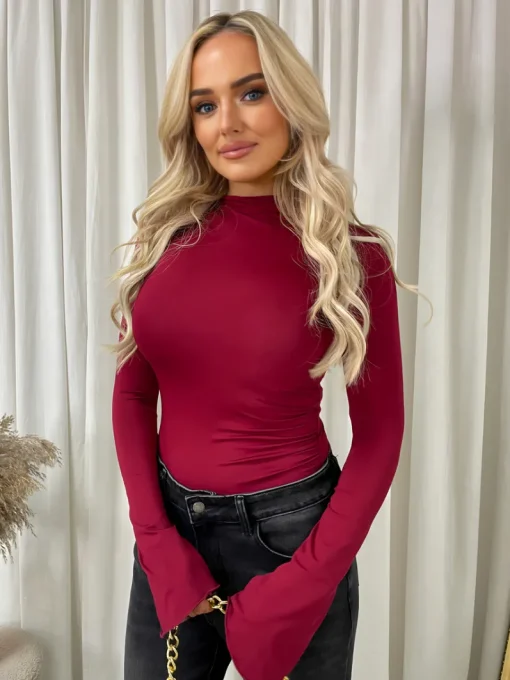 Wine Catalina Ruched High Neck Flare Long Sleeve Top<IKRUSH Best