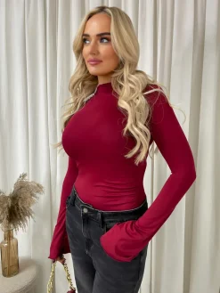 Wine Catalina Ruched High Neck Flare Long Sleeve Top<IKRUSH Best