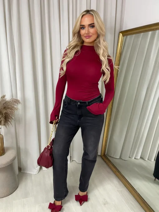 Wine Catalina Ruched High Neck Flare Long Sleeve Top<IKRUSH Best