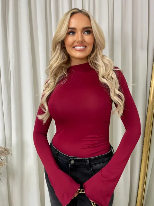 Wine Catalina Ruched High Neck Flare Long Sleeve Top<IKRUSH Best