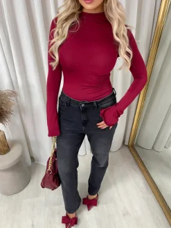 Wine Catalina Ruched High Neck Flare Long Sleeve Top<IKRUSH Best