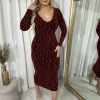 Wine Evelyn Printed V-Neck Long Sleeve Glitter Midi Dress<IKRUSH Hot