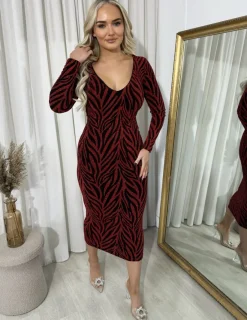Wine Evelyn Printed V-Neck Long Sleeve Glitter Midi Dress<IKRUSH Hot