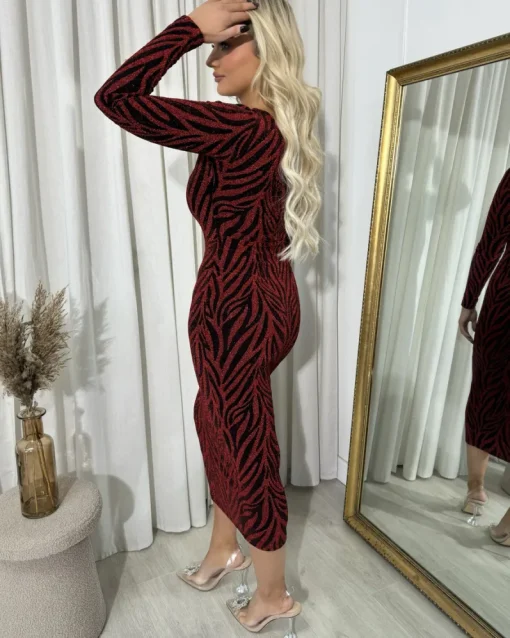 Wine Evelyn Printed V-Neck Long Sleeve Glitter Midi Dress<IKRUSH Hot