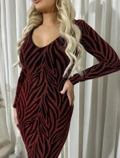 Wine Evelyn Printed V-Neck Long Sleeve Glitter Midi Dress<IKRUSH Hot