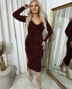 Wine Evelyn Printed V-Neck Long Sleeve Glitter Midi Dress<IKRUSH Hot