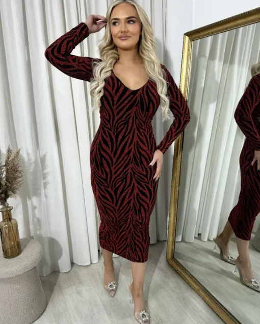 Wine Evelyn Printed V-Neck Long Sleeve Glitter Midi Dress<IKRUSH Hot