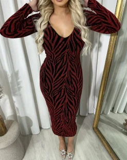 Wine Evelyn Printed V-Neck Long Sleeve Glitter Midi Dress<IKRUSH Hot