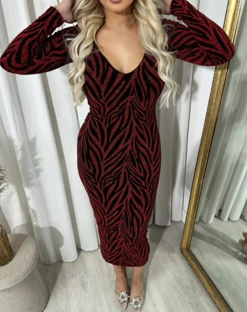 Wine Evelyn Printed V-Neck Long Sleeve Glitter Midi Dress<IKRUSH Hot