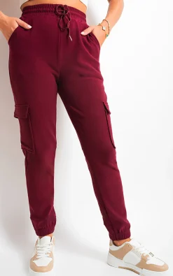 Wine Holly Fleece Lined Cargo Pocket Trouser with Drawstring<IKRUSH Fashion