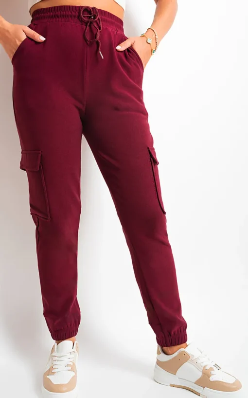 Wine Holly Fleece Lined Cargo Pocket Trouser with Drawstring<IKRUSH Fashion