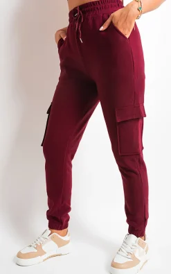 Wine Holly Fleece Lined Cargo Pocket Trouser with Drawstring<IKRUSH Fashion