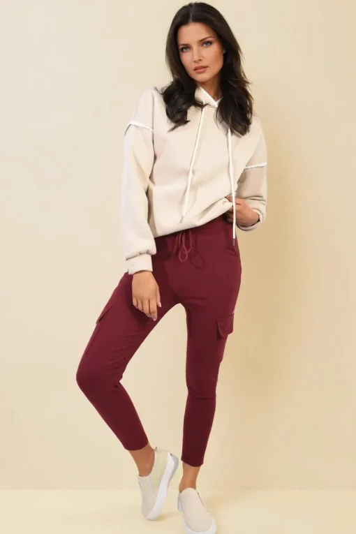 Wine Isabel Drawstring Waist Cargo Trouser<IKRUSH Online