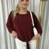 Wine Katrina Shimmer Long Sleeve Tie Front Top<IKRUSH Fashion