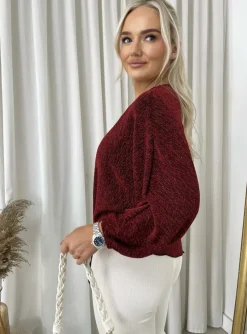 Wine Katrina Shimmer Long Sleeve Tie Front Top<IKRUSH Fashion