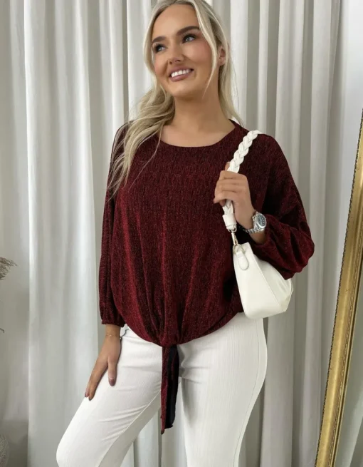Wine Katrina Shimmer Long Sleeve Tie Front Top<IKRUSH Fashion