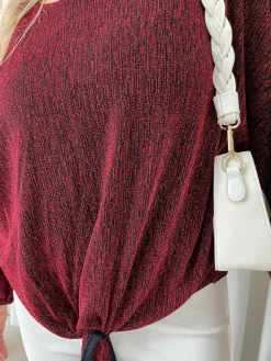 Wine Katrina Shimmer Long Sleeve Tie Front Top<IKRUSH Fashion
