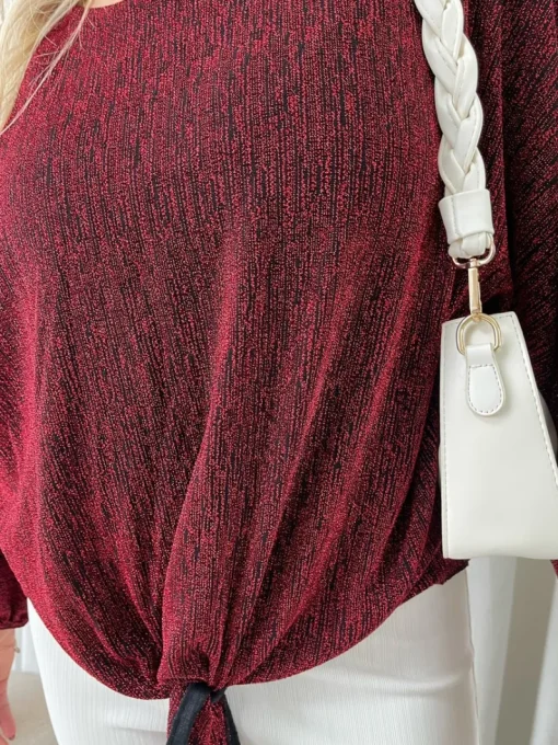 Wine Katrina Shimmer Long Sleeve Tie Front Top<IKRUSH Fashion