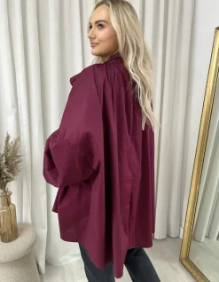 Wine Margaret Oversized Tie-Neck Top<IKRUSH Outlet