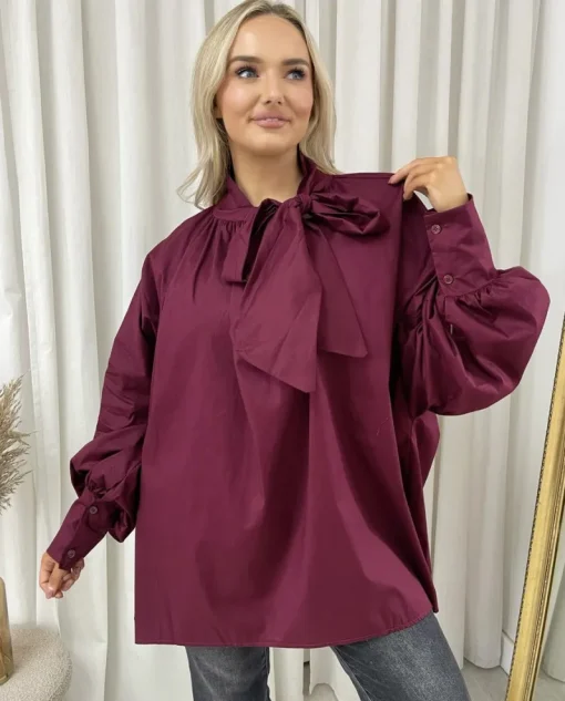Wine Margaret Oversized Tie-Neck Top<IKRUSH Outlet