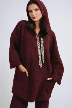 Wine Melissa Drawstring Teddie Hoodie Jacket with Front Pockets<IKRUSH Outlet