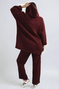 Wine Melissa Drawstring Teddie Hoodie Jacket with Front Pockets<IKRUSH Outlet