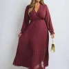 Wine Myra Long Sleeve V-Neck Pleated Maxi Dress<IKRUSH Discount