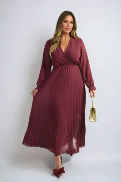 Wine Myra Long Sleeve V-Neck Pleated Maxi Dress<IKRUSH Discount