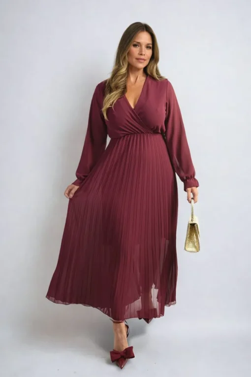 Wine Myra Long Sleeve V-Neck Pleated Maxi Dress<IKRUSH Discount