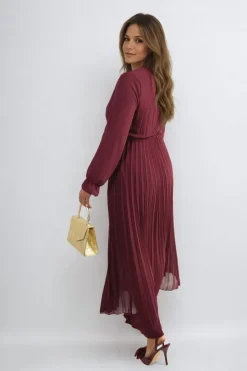 Wine Myra Long Sleeve V-Neck Pleated Maxi Dress<IKRUSH Discount