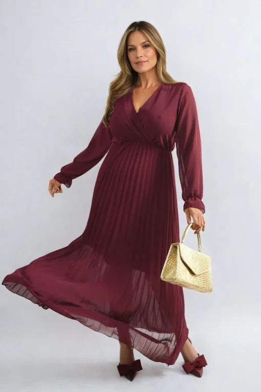 Wine Myra Long Sleeve V-Neck Pleated Maxi Dress<IKRUSH Discount