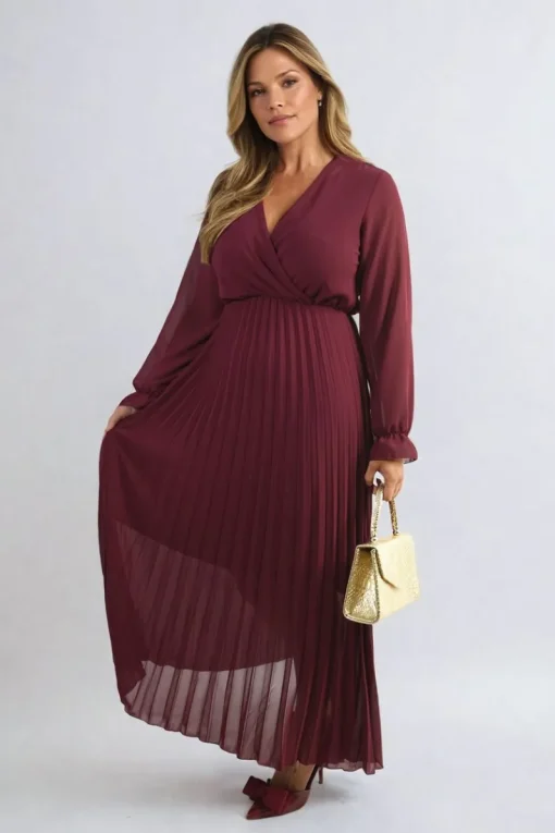 Wine Myra Long Sleeve V-Neck Pleated Maxi Dress<IKRUSH Discount