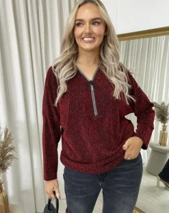 Wine Pamela Front Zip Detail Glitz Top<IKRUSH Sale