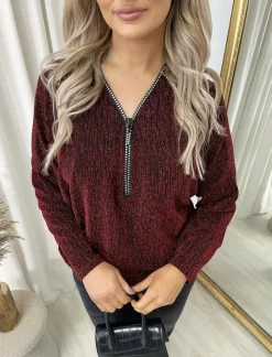 Wine Pamela Front Zip Detail Glitz Top<IKRUSH Sale