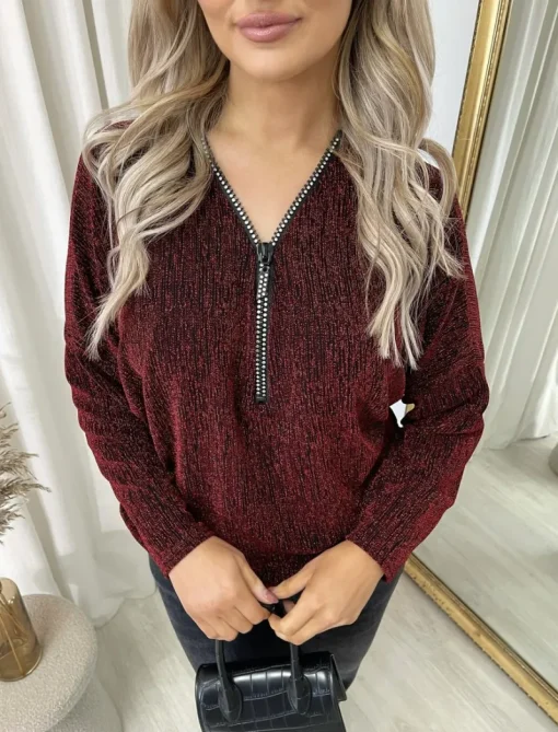 Wine Pamela Front Zip Detail Glitz Top<IKRUSH Sale
