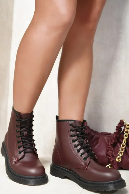 Wine Rylee Lace-Up Platform Ankle Boots<IKRUSH Outlet