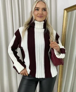 Wine Shanna Roll Neck Stripe Knitted Jumper<IKRUSH Hot