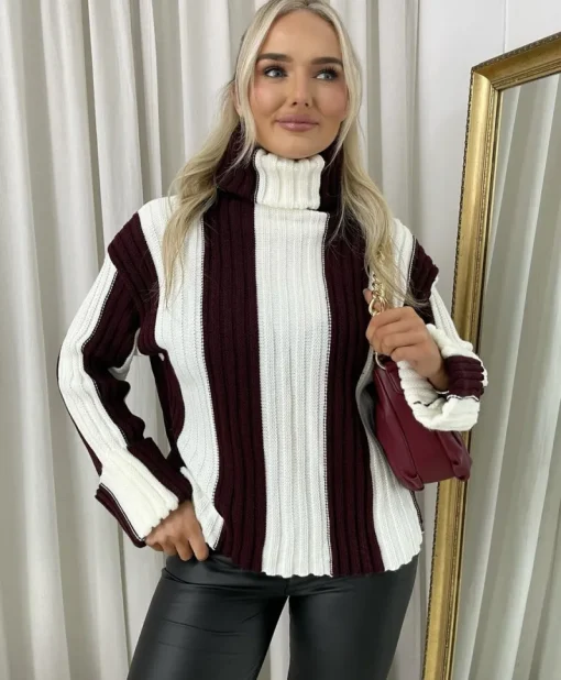 Wine Shanna Roll Neck Stripe Knitted Jumper<IKRUSH Hot