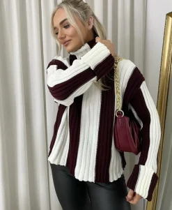 Wine Shanna Roll Neck Stripe Knitted Jumper<IKRUSH Hot