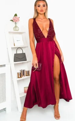 Wine Stephanie Backless Sequin Midi Dress<IKRUSH Online