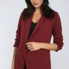 Wine Valerie Ruched Sleeve Open Front Blazer Jacket with Front Pockets<IKRUSH Fashion